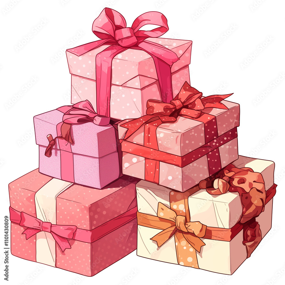 Poster stack of colorful gift boxes with ribbons and bows, featuring various shades of pink and red, isolat