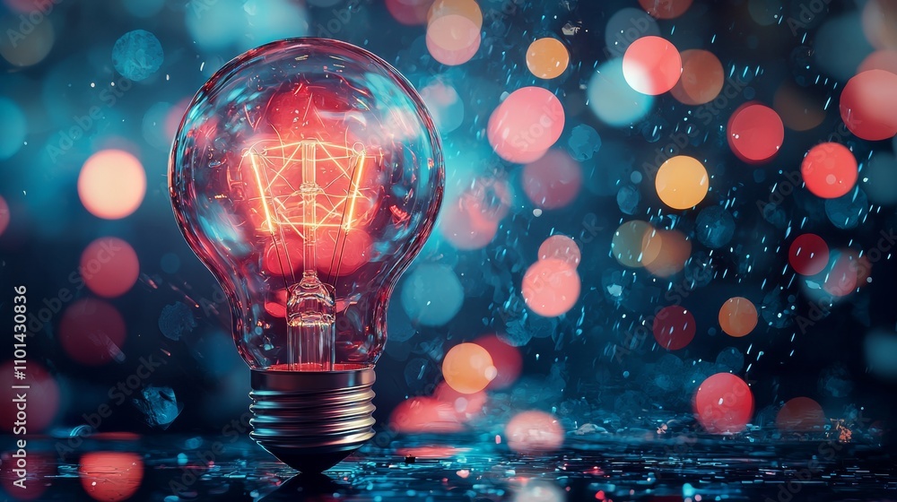 Poster illuminated light bulb with bokeh background in vibrant colors