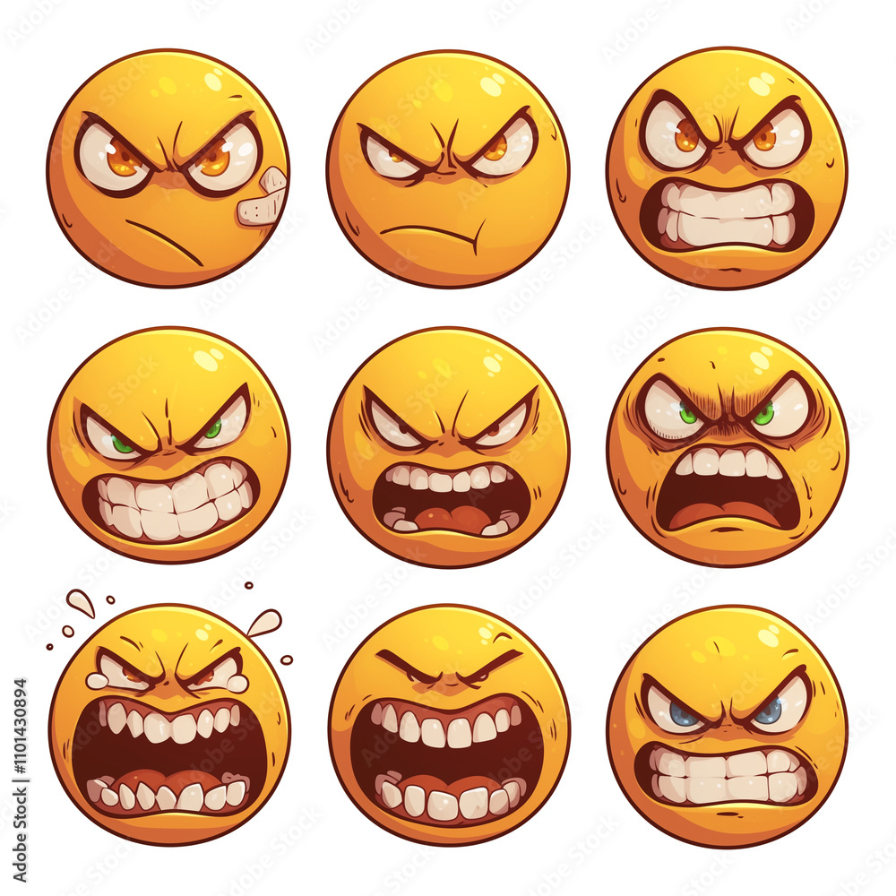 Poster various grimacing face emojis with intense expressions on white background. these emotive icons disp
