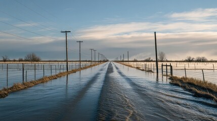 Obraz premium A long country road stretching into the horizon, covered in floodwater, telephone poles and fences submerged
