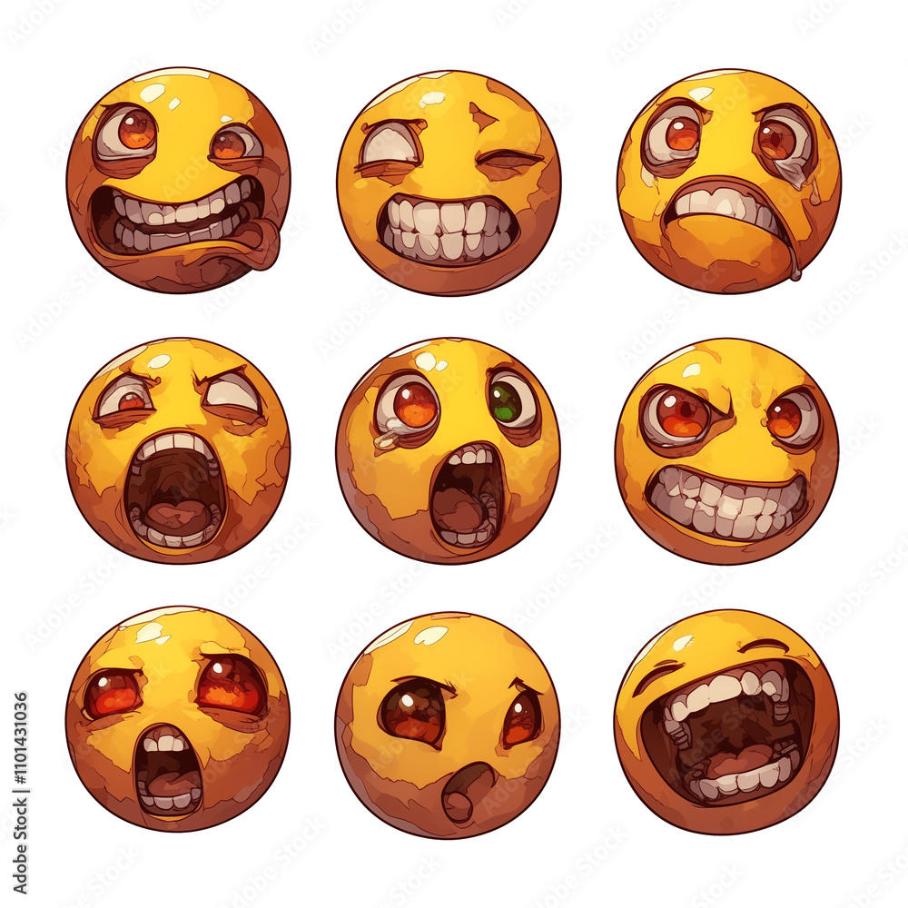 Poster various joyful emojis with different expressions isolated on white background, showcasing range of e