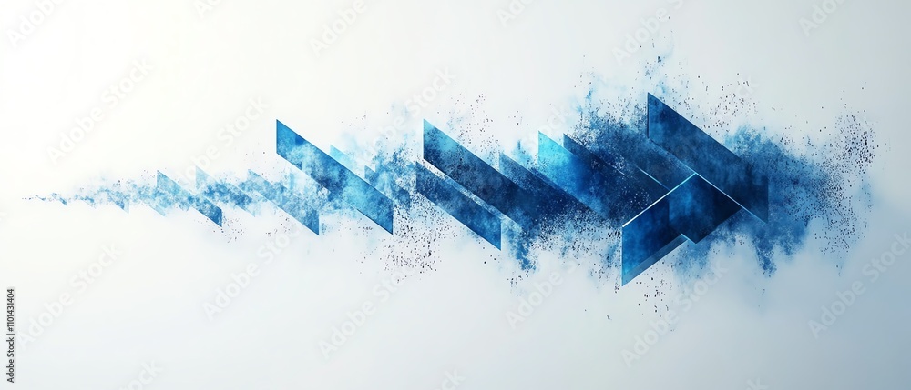 Poster geometric digital design featuring multiple blue arrows pointing right on a white background, repres