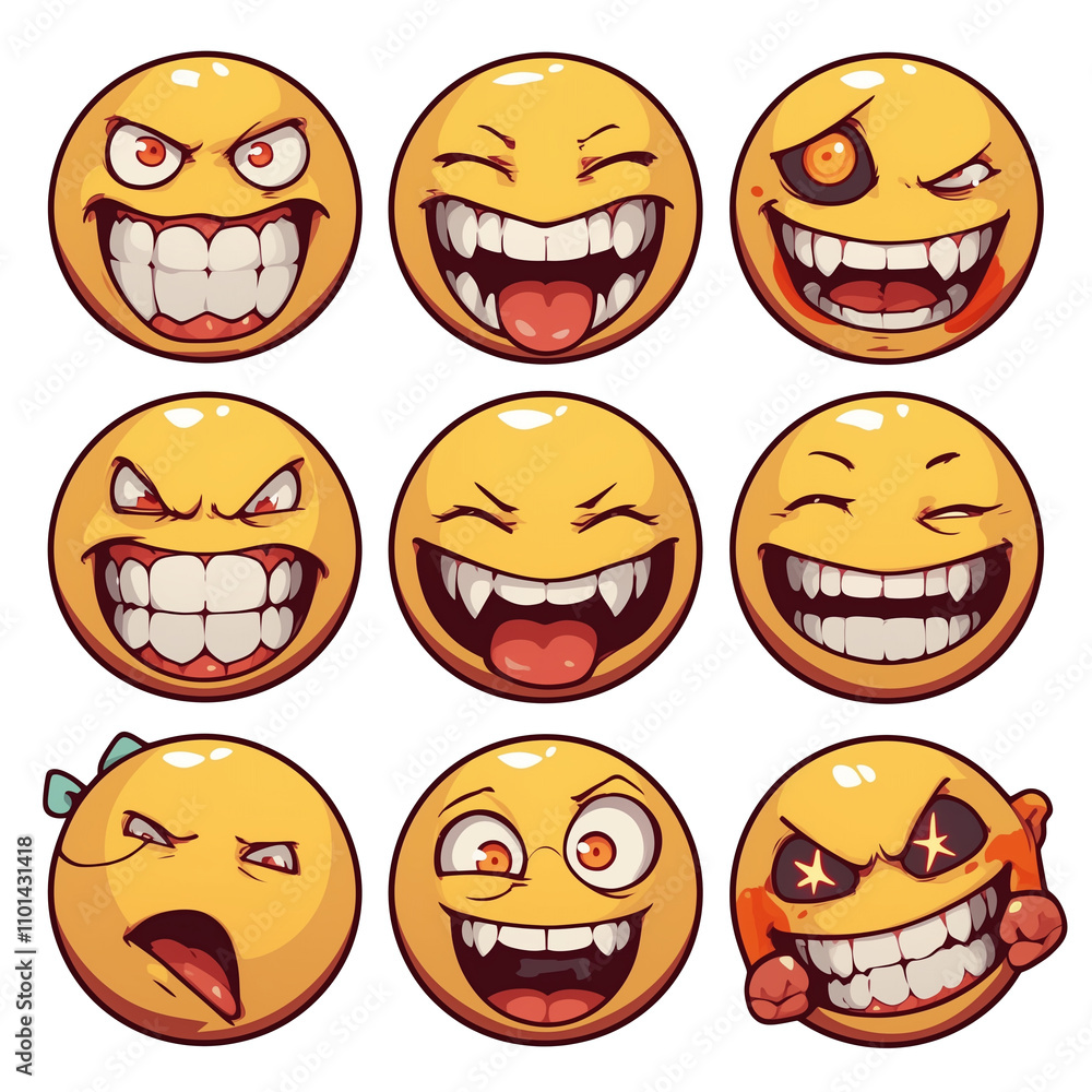 Poster various mischievous face emojis with exaggerated expressions on white background. these playful and 