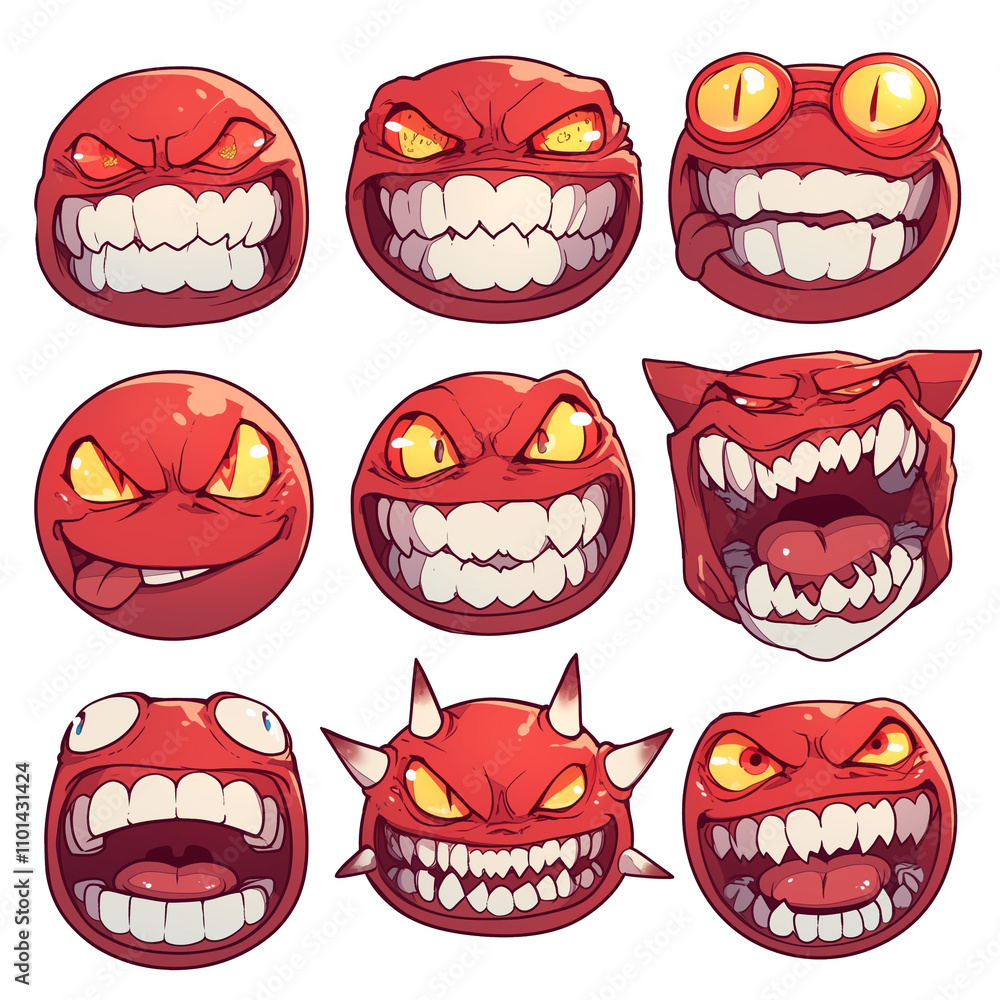 Poster various mischievous grin emojis with exaggerated expressions and sharp teeth, isolated on white back