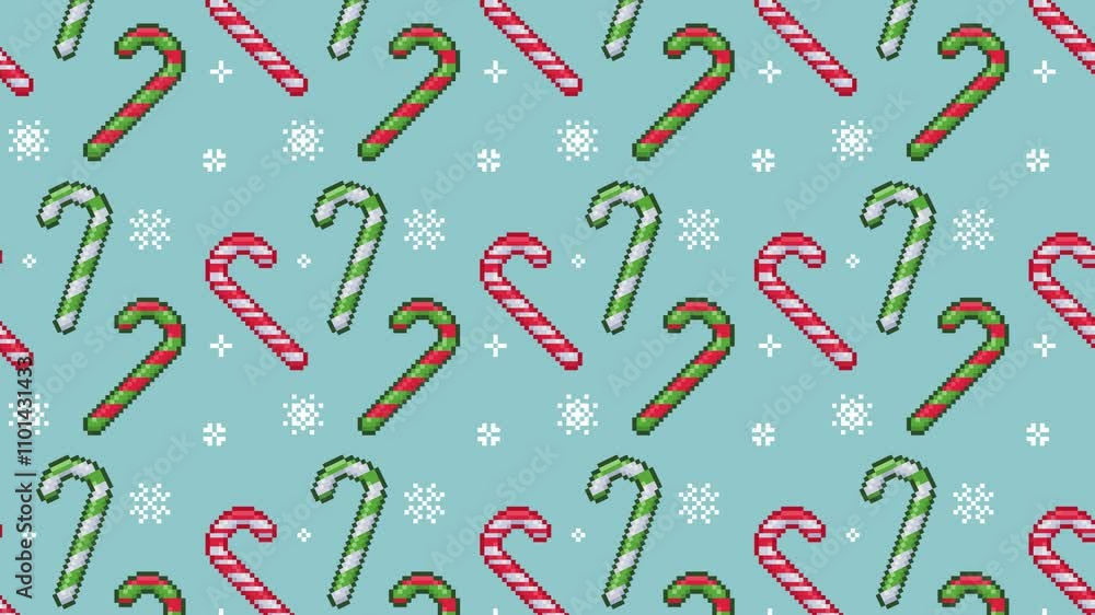 Poster seamless loop animation of festive candy cane pattern with snowflakes. retro style pixel art holiday