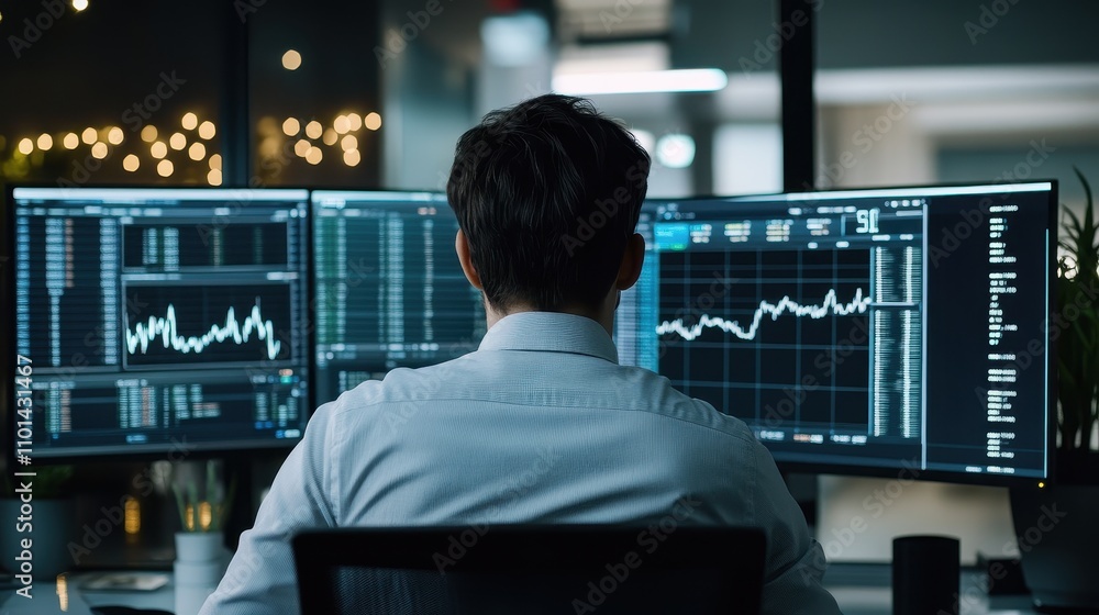 Poster financial analyst in office analyzing data on multiple computer screens at nighttime