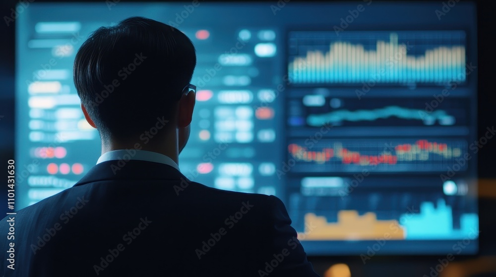 Poster professional analyzing financial data on multiple screens in modern office environment