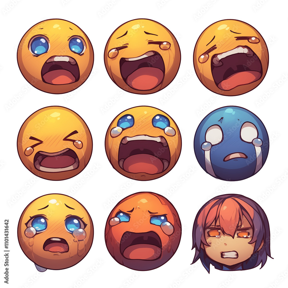 Poster various relieved but tearful emojis express range of emotions, from sadness to relief, with vibrant 