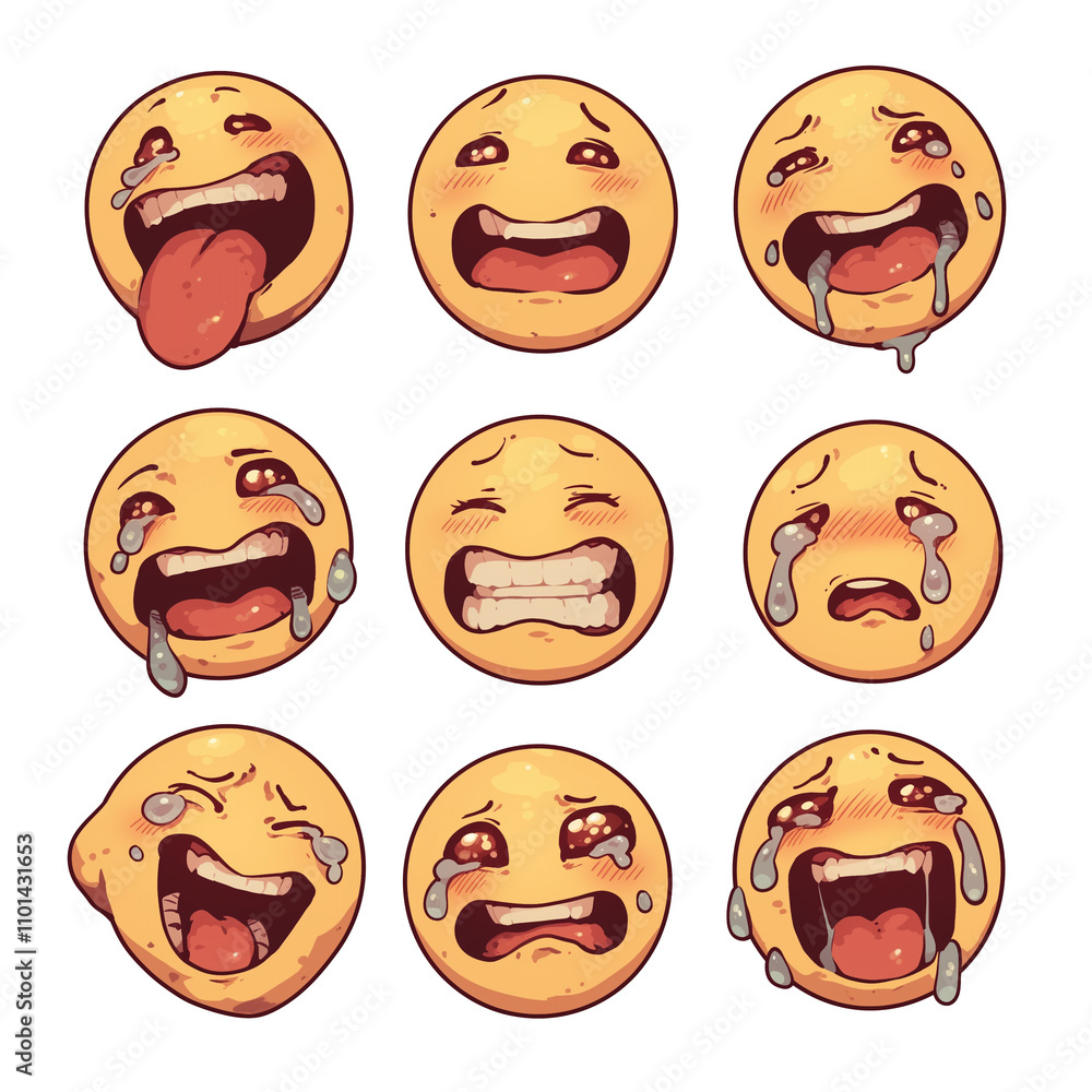 Poster various relieved but tearful emojis with different expressions isolated on white background, showcas