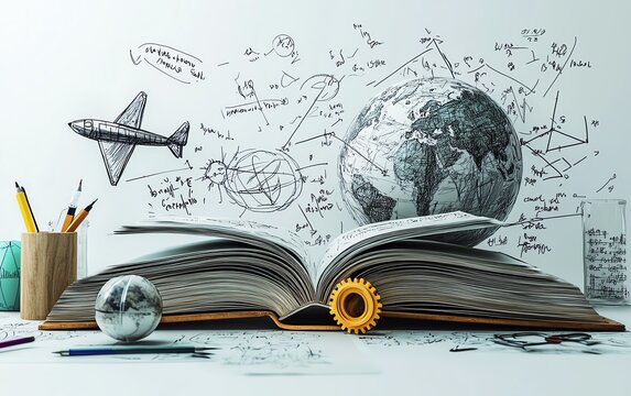 Handdrawn objects related to education and science, such as a book, paper plane, gears, and globe, with equations, placed on a white background, 3D render