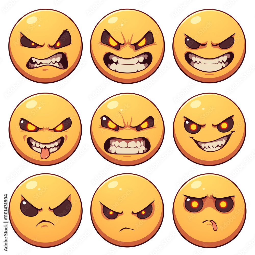 Poster various angry face emojis with intense expressions on white background. these emoticons display rang