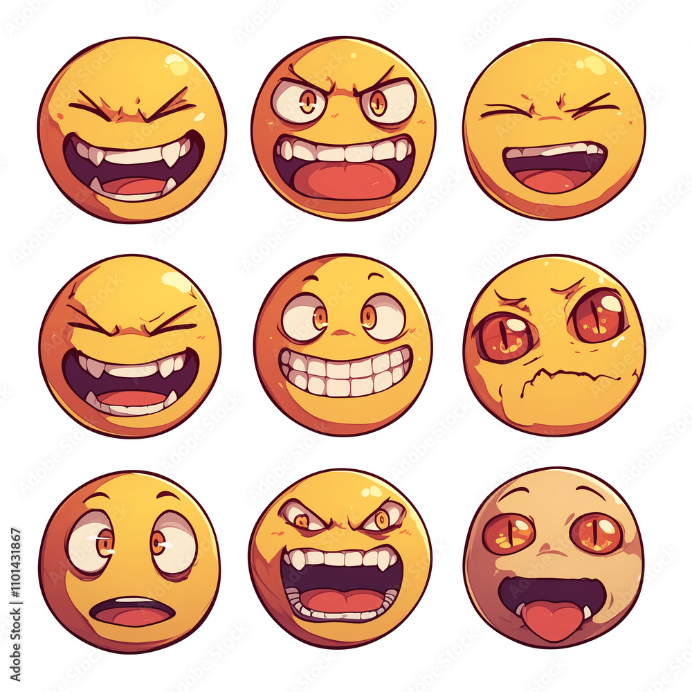 Poster various smiling and expressive emojis with different emotions on white background. png transparent