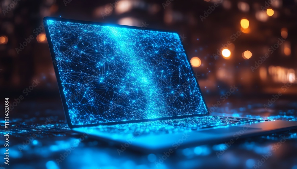 Poster laptop computer with glowing blue polygonal mesh interface overlaid on a blurry desktop background, 