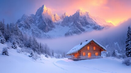 Fototapeta premium A cozy wooden cabin in a snowy landscape with majestic mountains at sunset.