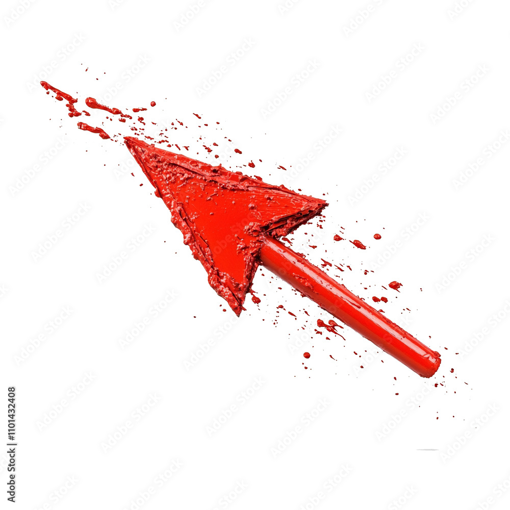 Poster red, broken line pointer arrow isolated on white background, with dynamic and textured appearance, suggesting movement and energy. PNG transparent