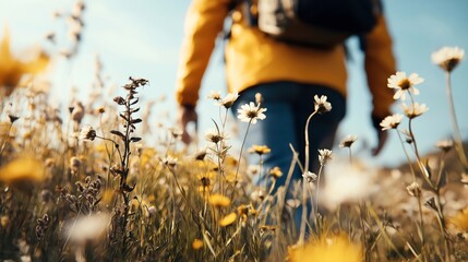 Close-up of wildflowers in a sunny meadow with a person in a yellow jacket walking in the background, emphasizing a serene outdoor setting.