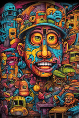 Fototapeta premium Complex and colorful graffiti with various elements, street art, urban culture symbols and dynamic facial expressions.