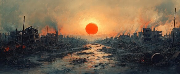desolate landscape of a destroyed town with collapsing structures evoking a sense of loss and devastation painted in muted tones to reflect the aftermath of war and destruction