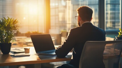 Businessman Working at Sunset in Modern Office