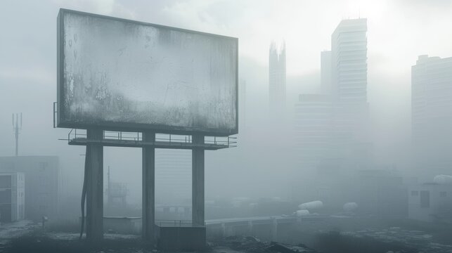 A worn-out billboard looms over a fog-shrouded urban landscape, evoking a mood of abandonment and decay. The surrounding mist obscures details, adding to the dystopian feel of the scene.
