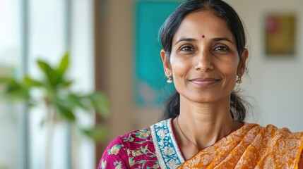 A close-up portrait of a confident Indian woman dressed in a vibrant saree with intricate patterns, standing against a flat background