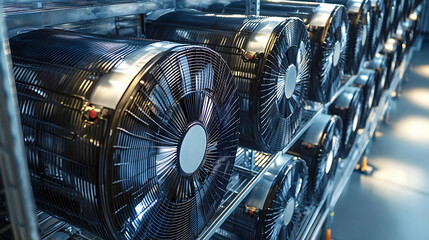 Industrial Cooling System, Row of Powerful Fans in a Data Center