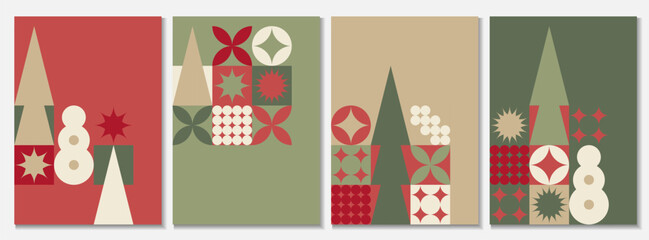 Set of Christmas covers in trendy Scandinavian style. Geometric figures - Christmas trees, snowmen for the New Year holiday.