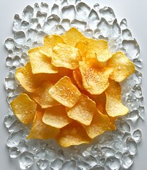 white background with chips and coarse salt, chips on a plate