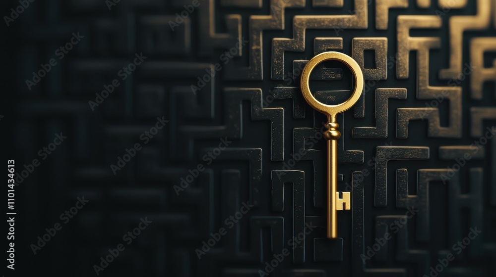 Poster unlocking potential a golden key on an intricate maze background abstract concept digital art enviro