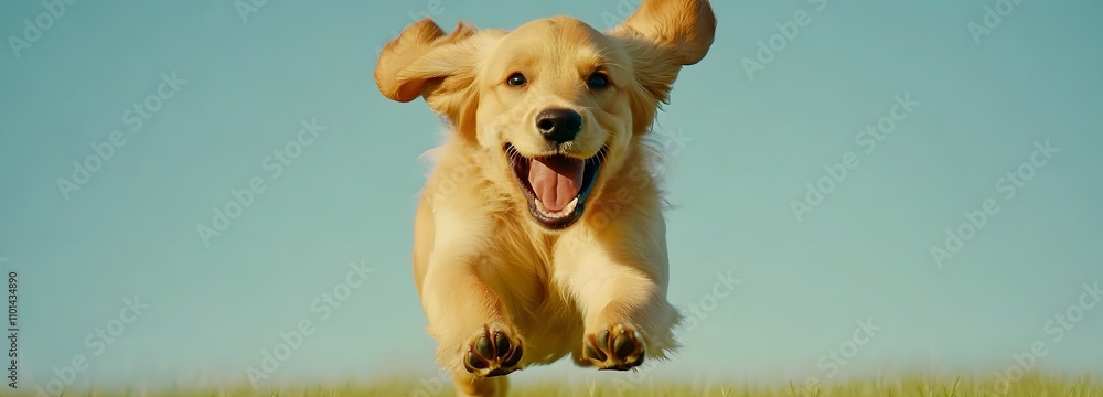 Poster a playful golden retriever running across a grassy field with its ears flapping, set against a soft 