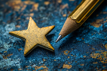 Golden Star and Brass Pencil on a Blue Textured Background: A Close-Up Still Life Photography