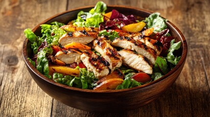 Grilled Chicken Salad in a Wooden Bowl