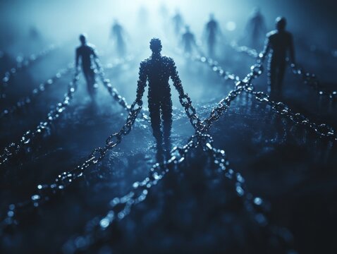 Many people walking in chains together in a dark room