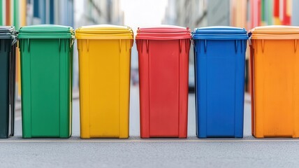 Colorful recycling bins on city street, ecofriendly urban setup, sustainability in modern infrastructure
