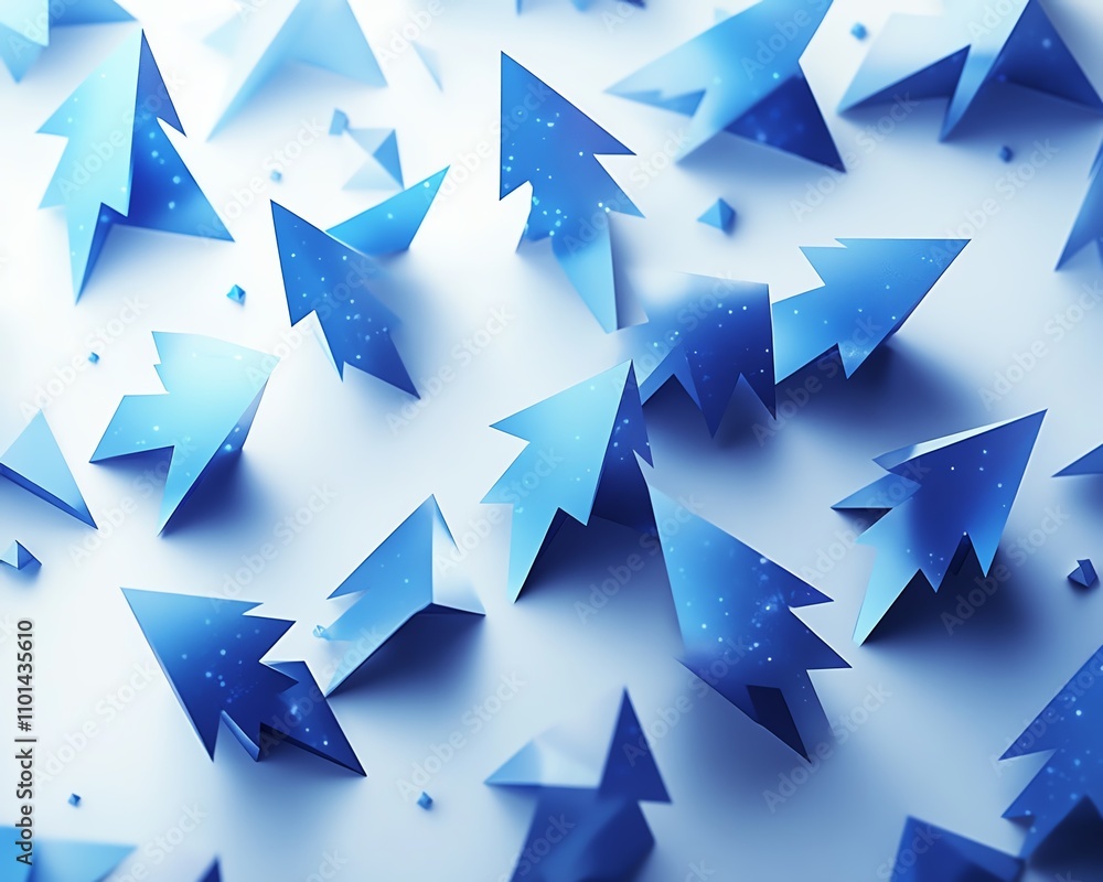 Poster abstract digital design of multiple blue arrows pointing right on a white background, representing f