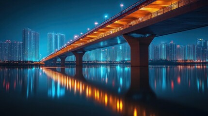 Nighttime Cityscape with Bridge Reflection
