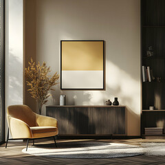 Modern Interior Design, Sunlit Living Room with Mustard Yellow Armchair and Abstract Art