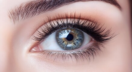 Close up of beautiful woman's eye with contact lenses. Vision health and smooth healthy skin care concept, eyelash extension procedure with long eyelashes.
