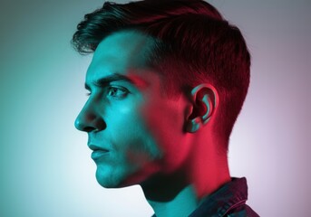 Young caucasian male in colorful lighting profile portrait