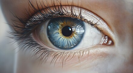 Naklejka premium Close up of beautiful woman's eye with contact lenses. Vision health and smooth healthy skin care concept, eyelash extension procedure with long eyelashes.
