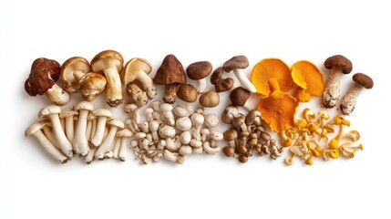 Assortment of Fresh Edible Mushrooms on White Background