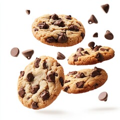 Floating Chocolate Chip Cookies with Chips, Chocolate chip cookies and scattered chocolate chips floating against a white background, highlighting their texture and sweetness.

