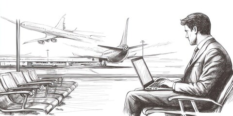 A businessman working on a laptop at an airport, with planes in the background.