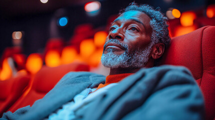 A man aged in a movie theater is watching a movie.