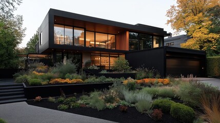 Obraz premium Modern two-story house with large glass windows and lush landscaped garden featuring diverse plants and flowers