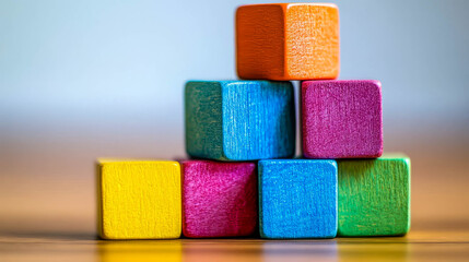 Lots of colorful cubes on a wooden table.