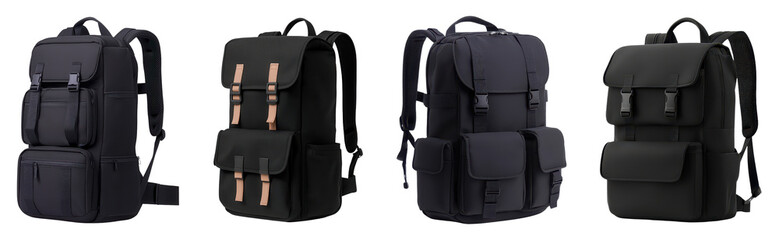 Naklejka premium A collection of four stylish black backpacks showcasing varied designs and features for everyday use.