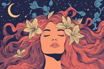 Naklejka premium Dreamy portrait of a serene woman with flowing hair, adorned with a floral crown, under a starry night sky with a crescent moon and whimsical foliage design.