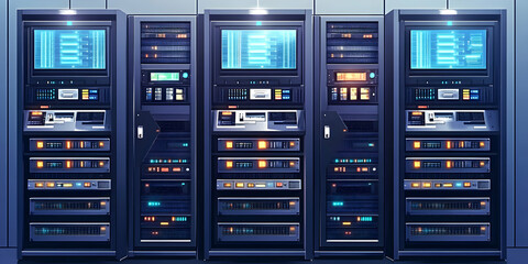 Fototapeta premium Digital Server Room, Illustration of Advanced Network Infrastructure with Glowing Lights and Monitors Displaying Data Streams.