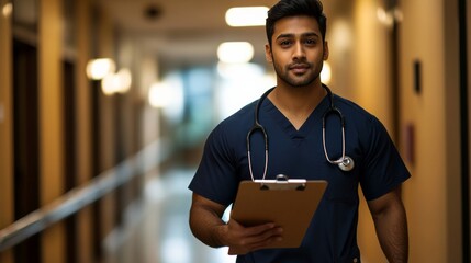 Essential Healthcare Worker Night Shift in Hospital Corridor International Shift Worker Sunday, Labor Day, Human Rights Day